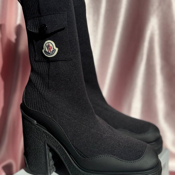 Moncler Splora Pocket Black Sock Bootie Fashion Chunky Block Platform Heel Boots - Picture 3 of 11